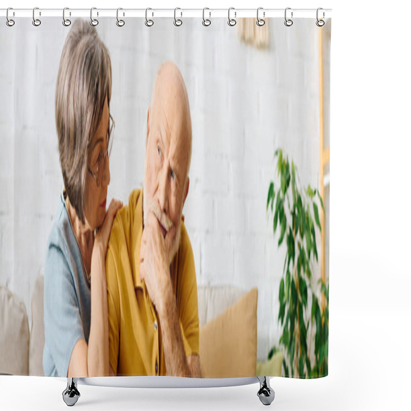 Personality  A Devoted Woman Comforts Her Husband Living With Diabetes In Their Cozy Home Environment. Shower Curtains