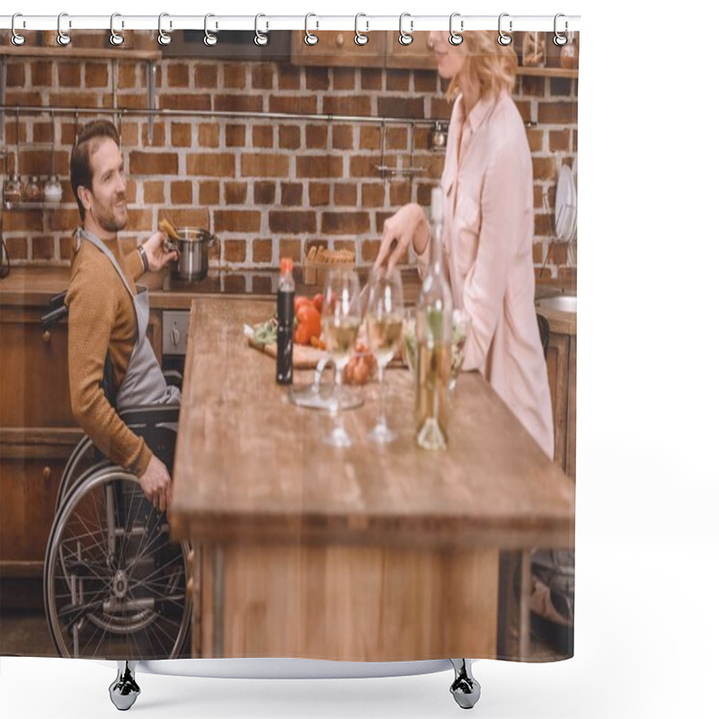 Personality  Cropped Shot Of Woman With Man In Wheelchair Cooking Dinner Together At Home  Shower Curtains