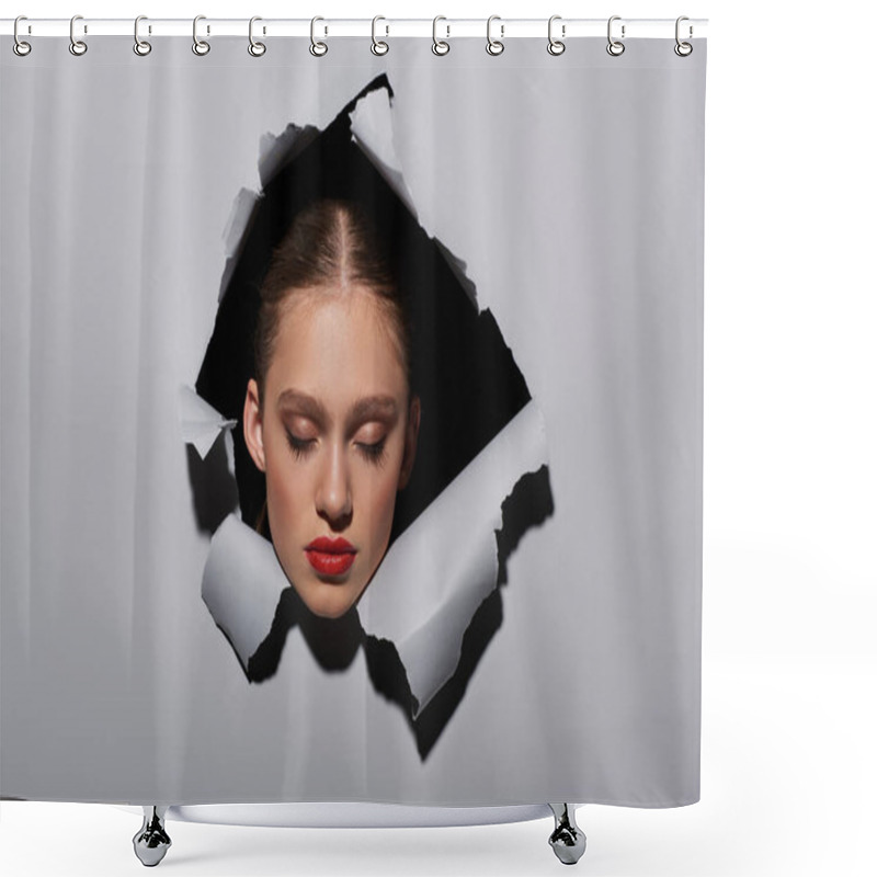 Personality  Pretty Young Woman With Blue Eyes And Red Lipstick Peeking Through Hole In Ripped Grey Paper Shower Curtains