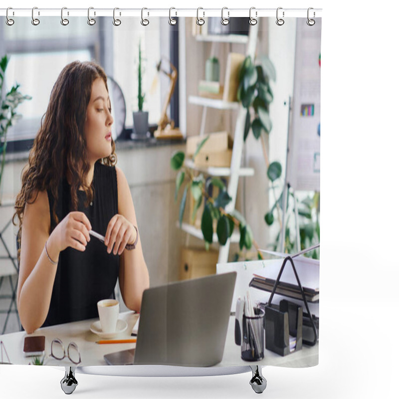 Personality  A Confident Plus Size Woman Sits At Her Desk, Sipping Coffee And Thoughtfully Contemplating Her Projects In A Vibrant Office. Shower Curtains