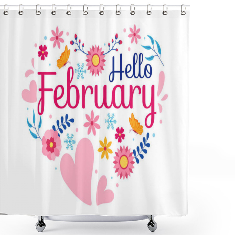 Personality  Hello February Month Vector Illustration With Flowers, Hearts, Leaves And Cute Lettering For Decoration Background In Flat Cartoon Templates Shower Curtains