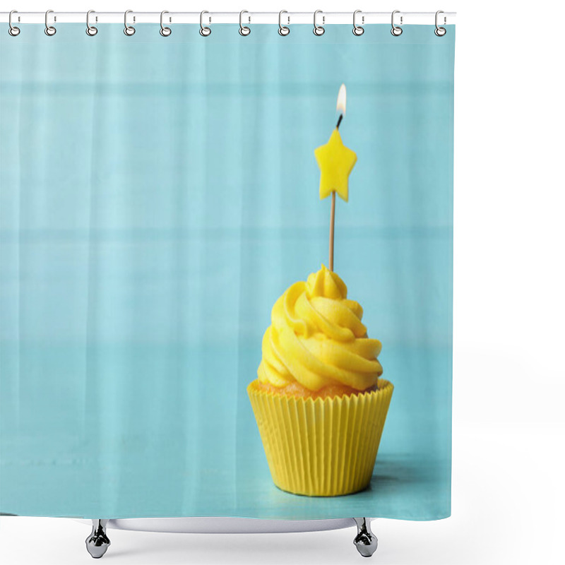 Personality  Delicious Birthday Cupcake With Cream And Burning Candle On Blue Wooden Background. Space For Text Shower Curtains