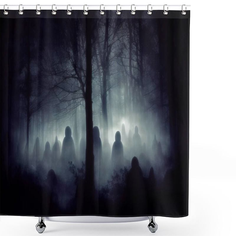 Personality  Creepy Ghostly Figures In Dark Foggy Forest Haunted By Evil Spirits, Halloween Night. 3d Digital Illustration Shower Curtains