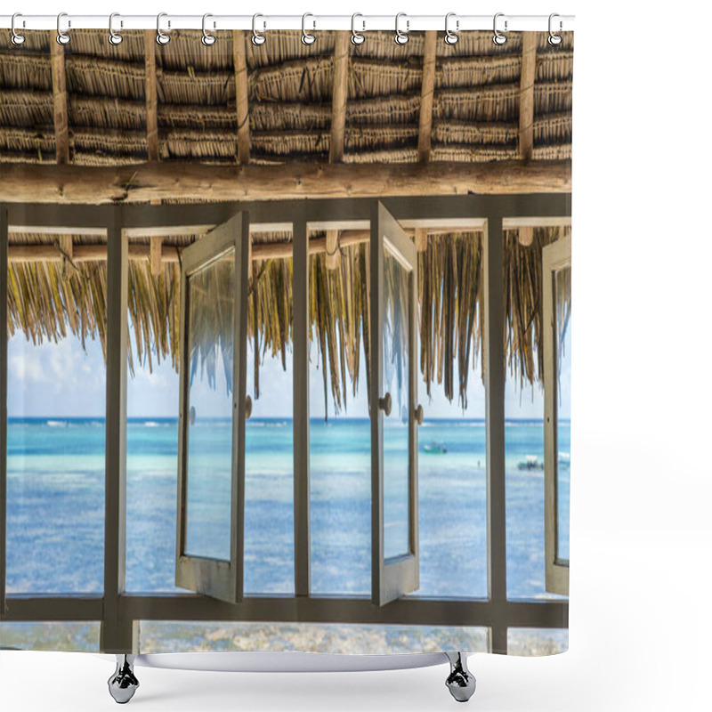 Personality  Open Windows Of Thatched Roof Veranda Overlooking The Turquoise Ocean On The Island Of Zanzibar, Tanzania, East Africa Shower Curtains