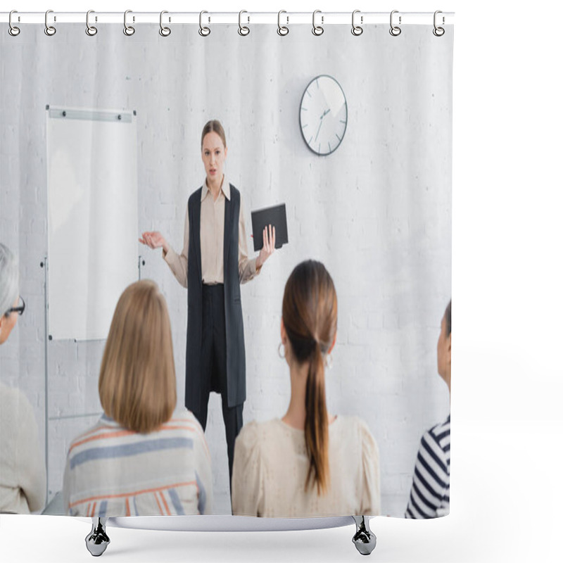 Personality  Young Speaker Holding Notebook And Looking At Audience Of Women During Seminar  Shower Curtains