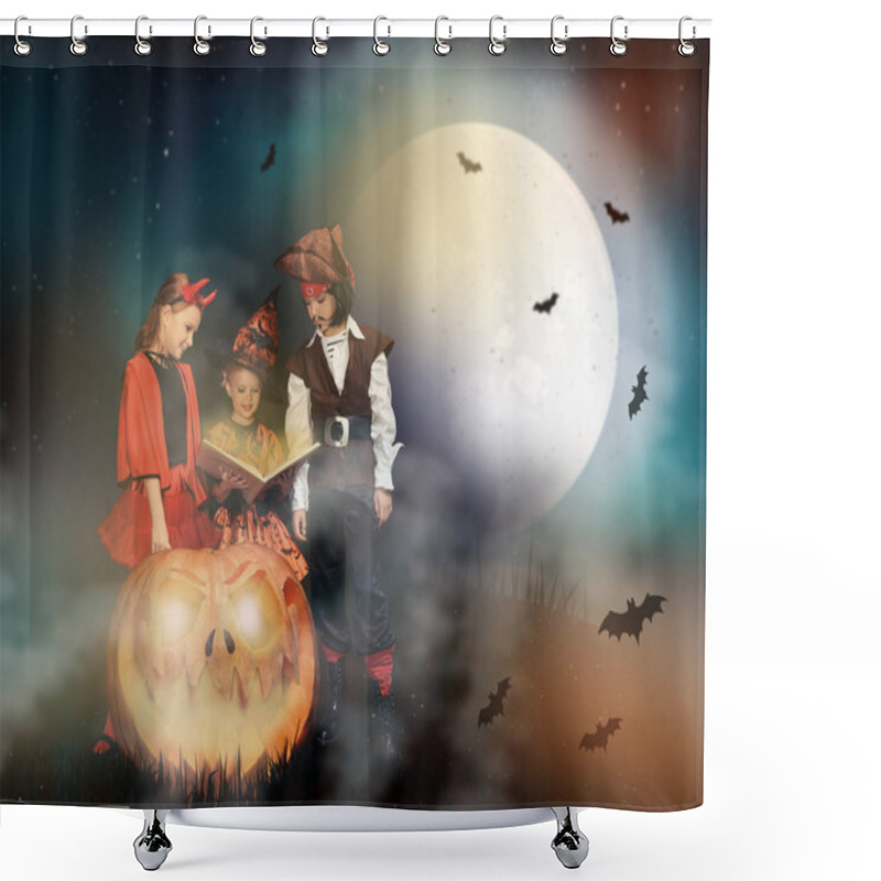 Personality  Children In Halloween Costumes With Magic Book Shower Curtains