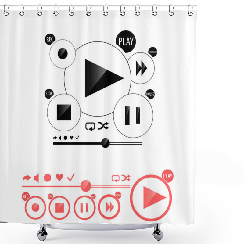 Personality  Round Media Player Buttons And Red Audio Player Isolated On Background Shower Curtains