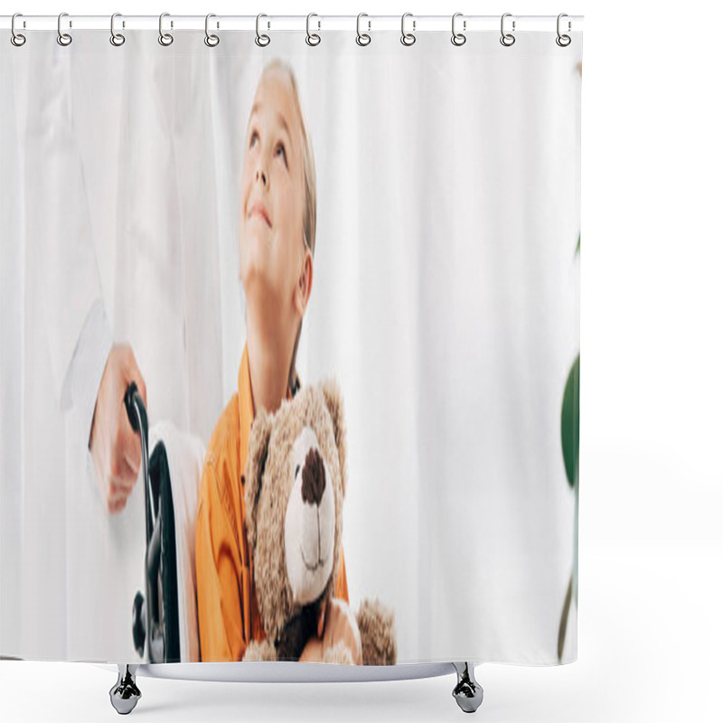 Personality  Panoramic Shot Of Pediatrist In White Coat And Kid With Teddy Bear On Wheelchair Shower Curtains