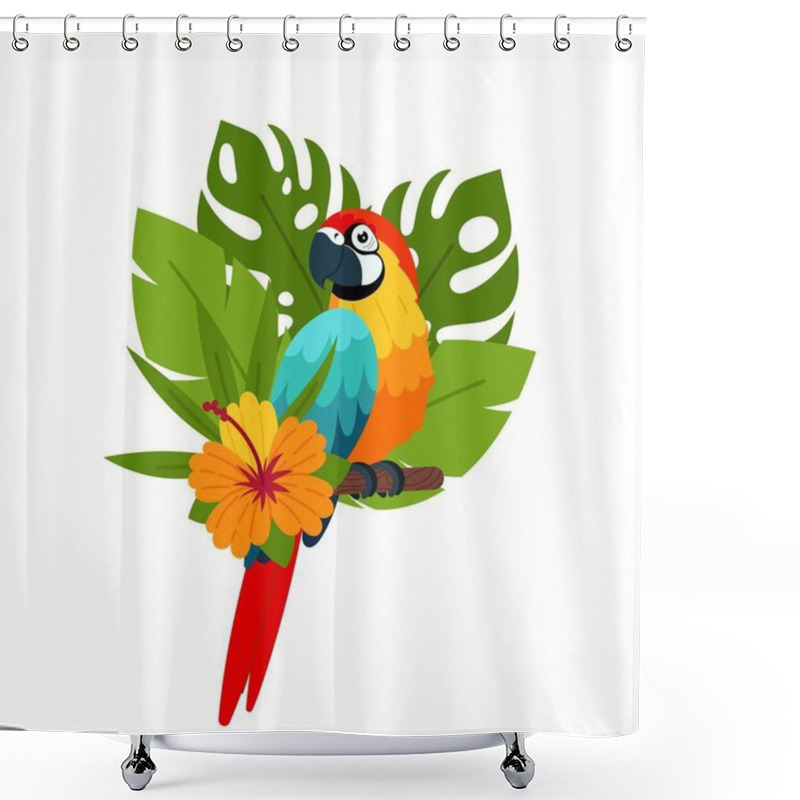 Personality  Parrot In Tropical Plants On A White Background. Tropical Birds In Flat Style. Summer Print With Parrot And Tropical Flowers. Shower Curtains