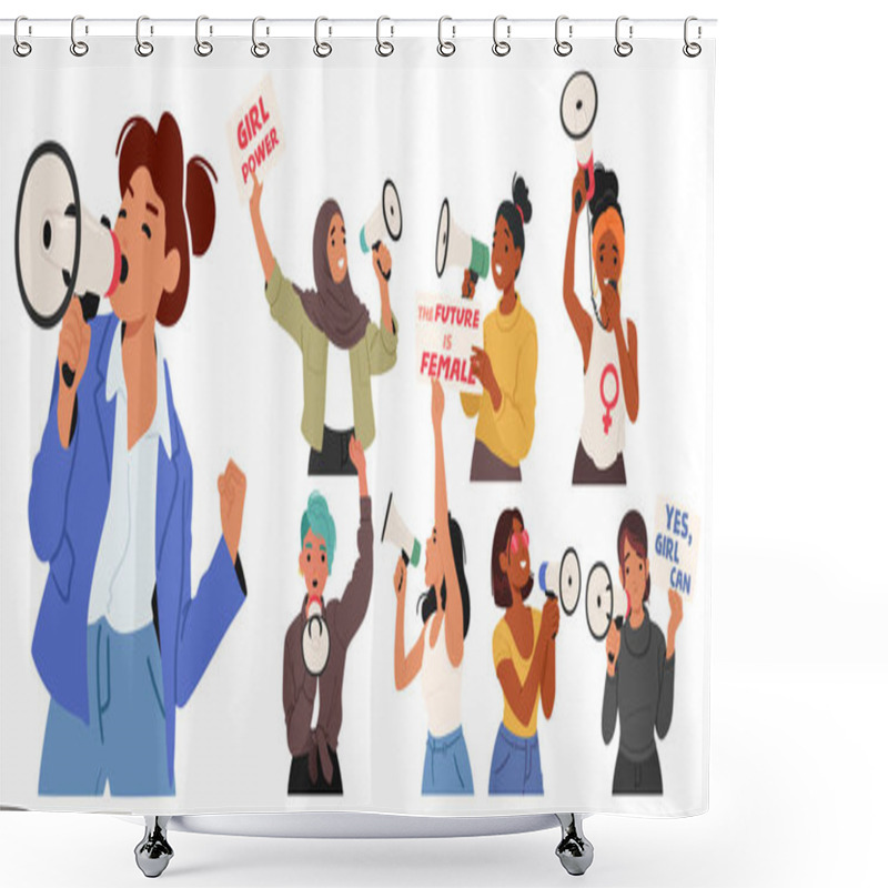 Personality  Diverse Women Using Megaphones To Advocate For Feminism And Equality. Each Character Displays Unique Style, Representing Broad Inclusivity And Empowerment In Activism. Cartoon Vector Illustration Shower Curtains