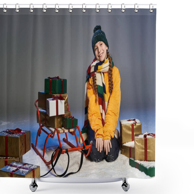 Personality  A Joyful Girl In Warm Clothes Sits On Snow, Surrounded By Gifts And A Sled. Shower Curtains