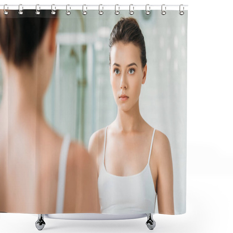 Personality  Beautiful Young Woman In Underwear Looking At Mirror In Bathroom Shower Curtains