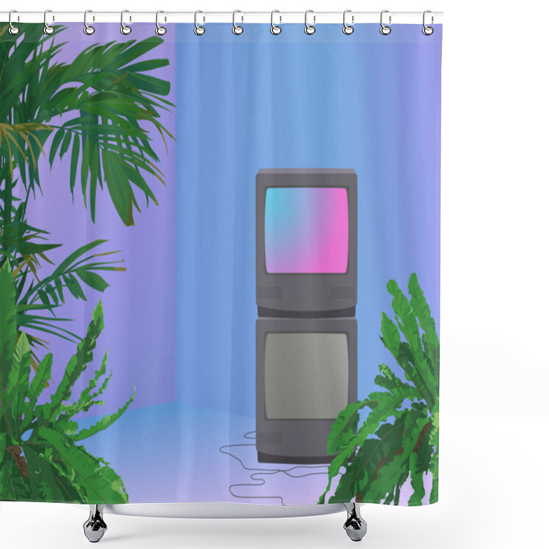 Personality  Tropical Plants And Stack Of Crt Tv In Vaporwave Room Neon Glow Ambience, Aesthetic Background Illustration Shower Curtains