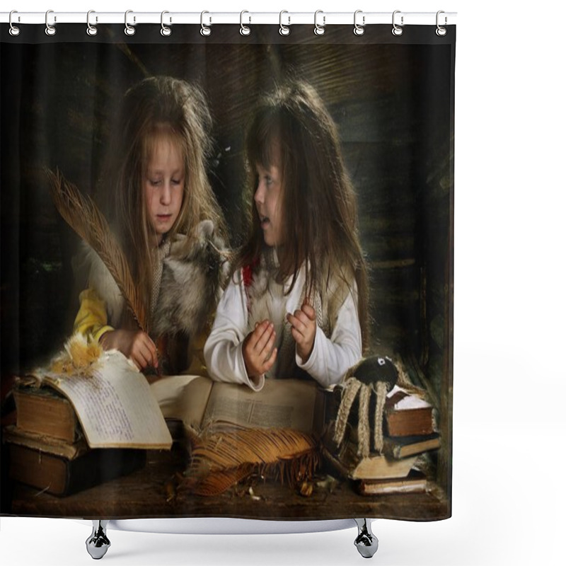 Personality  Two Girls Dress Up As Fairytale Characters, Fairytale Character Grandma Ezhka, Girls Play Shower Curtains