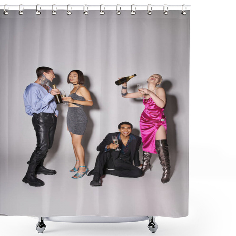 Personality  Group Of Positive Interracial Friends Holding Champagne Glasses During Party, New Year 2024 Concept Shower Curtains