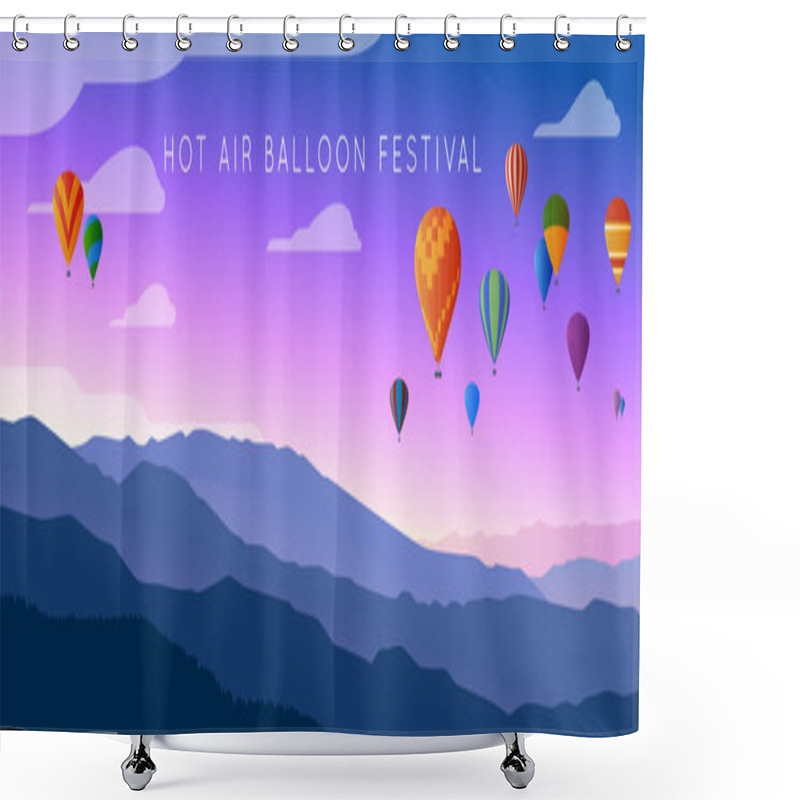 Personality  Hot Air Balloons Festival. Mountain Landscape. Wide Panorama. Vector Illustration Shower Curtains