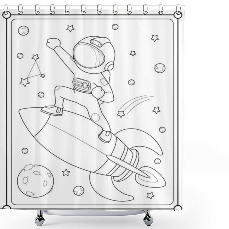 Personality  Cute Astronaut Flying On A Rocket Into Space Suitable For Children's Coloring Page Vector Illustration Shower Curtains