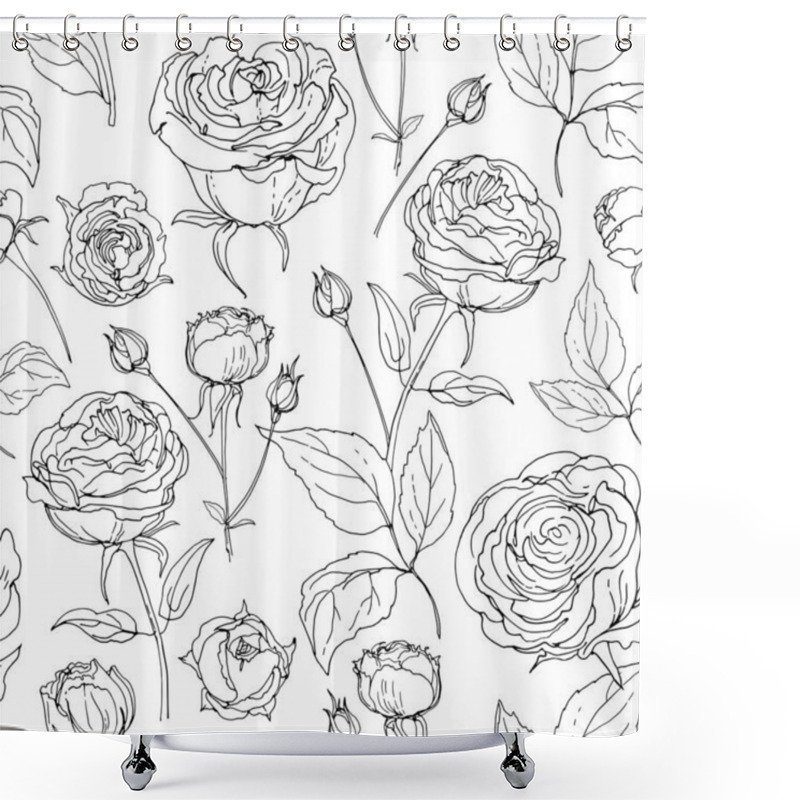 Personality  Flower Pattern Roses. Ornament Drawn By A Black Line Vector On A White Shower Curtains