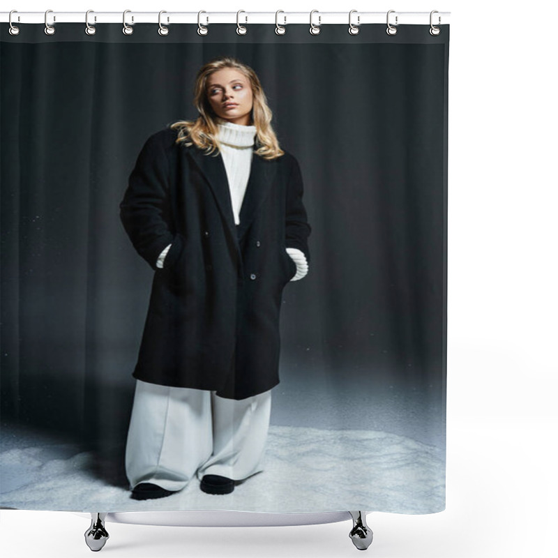 Personality  A Confident Young Woman Stands Gracefully In A Chic Black Coat And Stylish White Sweater. Shower Curtains