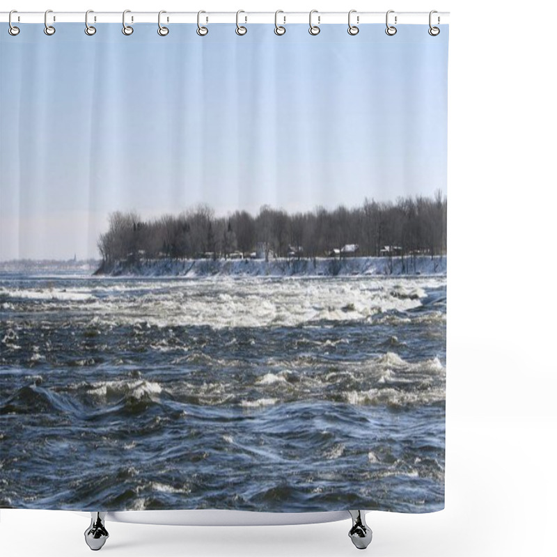 Personality  Breathtaking View Of The Rushing Winter Rapids On The Saint Lawrence River In LaSalle, Quebec With Snow-covered Banks, Bare Trees, And A Distant Church Steeple Under A Clear Blue Sky Shower Curtains