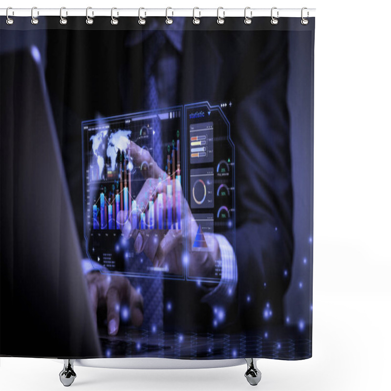 Personality  Businessman Working With Business Analytics And Data Anagement System On Computer, Online Total Processing And Metrics Connected To Database. Corporate Strategy For Finance, Operations, Sales Hologram Shower Curtains