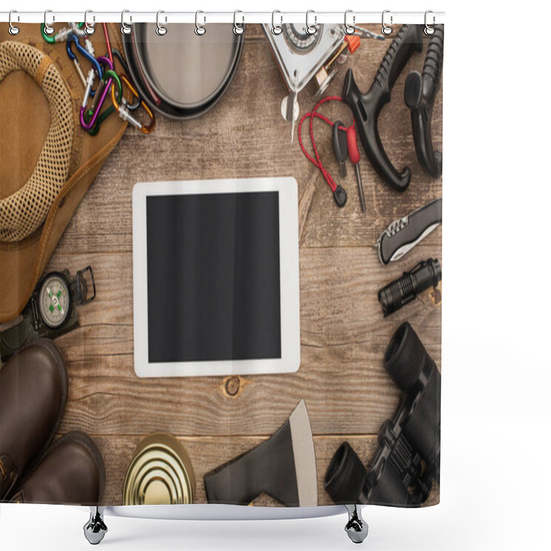 Personality  Top View Of Digital Tablet With Black Screen Near Hiking Equipment On Wooden Table Shower Curtains