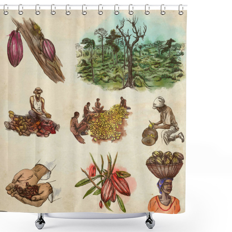 Personality  COCOA, Cacao And Chocolate. Agriculture. Life Of A Farmer. Cocoa Harvesting And Processing. Collection Of An Hand Drawing Illustrations. Pack Of Full Sized Hand Drawn Illustrations On White. Set Of Freehand Sketches On Old Paper. Shower Curtains