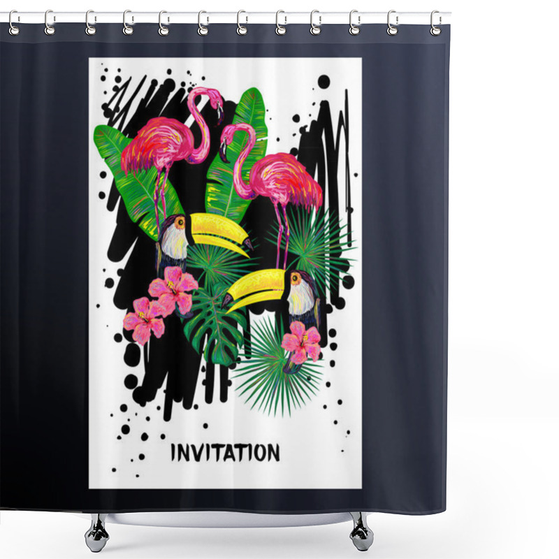 Personality  Invitation With Pink Flamingo, Toucan Bird, Tropical Exotic Flowers And Leaves Shower Curtains