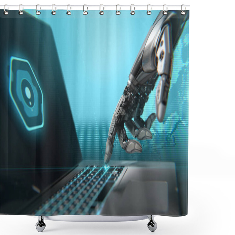 Personality  A Robot Working With Laptop. Highly Detailed Model Shower Curtains