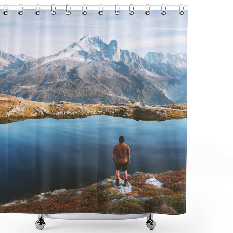 Personality  Amazing View On Monte Bianco Mountains Range With Tourist On A Foreground Shower Curtains