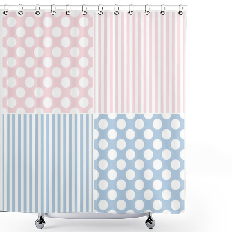 Personality  Tile Vector Pattern Set With White Polka Dots And Strips On Pink And Blue Background Shower Curtains