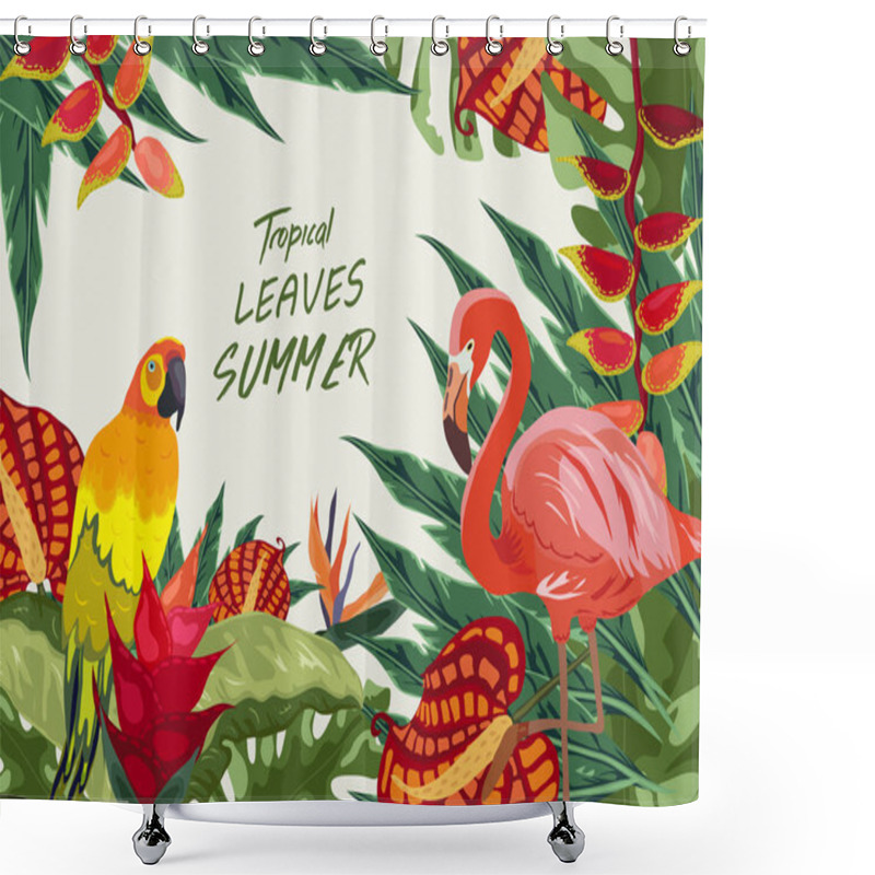 Personality  Tropical Jungle Rainforest Plants Flowers Birds, Flamingo , Toucan Border Background Shower Curtains