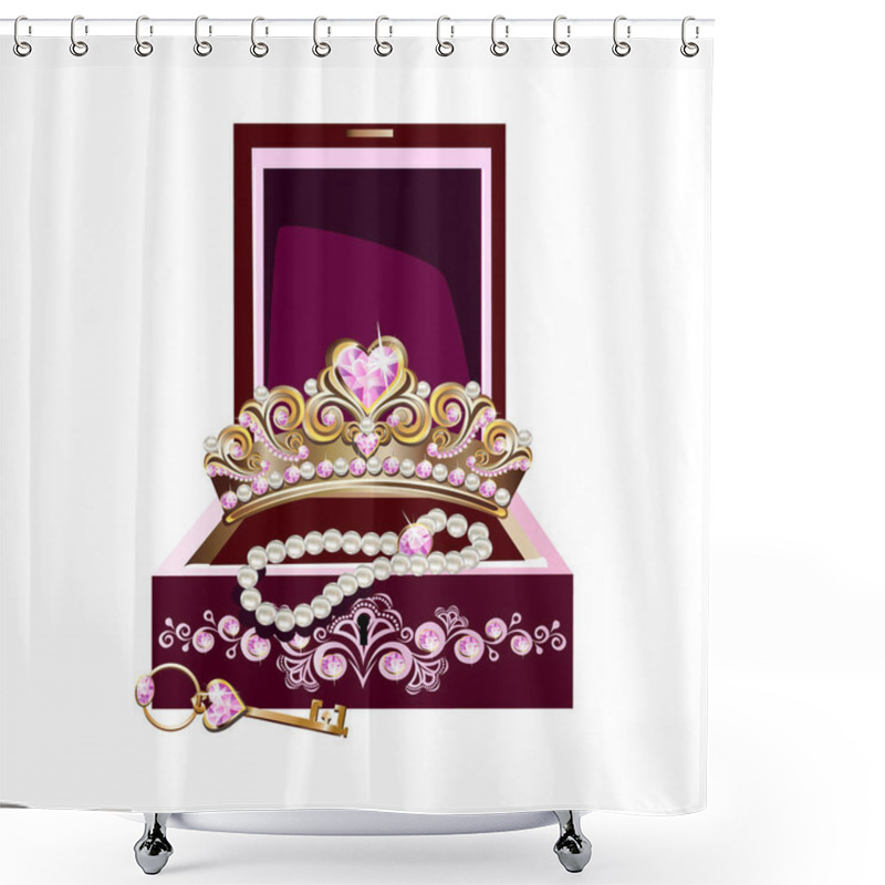 Personality  Jewelry Box With Tiara, Pearls, Pink Gems And Key For A Beautiful Princess. Fairy Tale Vector Illustration Of Princess Jewels. Shower Curtains