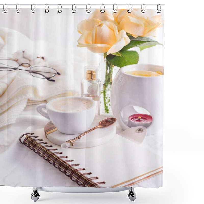 Personality  A Cup Of Coffee On Notebook, Roses, Glasse And Candle With Copy Space. Mock Up Relaxing Concept Shower Curtains