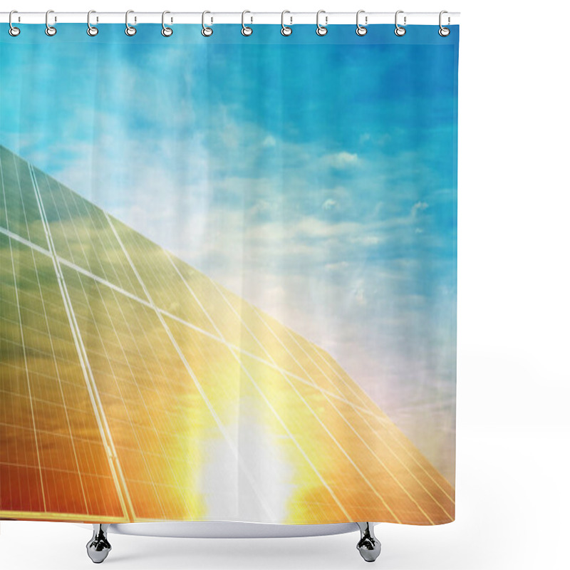 Personality  Sunlit Solar Panels Against Blue Sky. Alternative Energy Source Shower Curtains