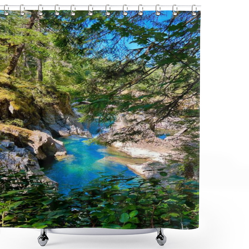 Personality  You Can See The Bright Blue River From The Waterfall Englishman River Falls Park Parksville Qualicum Vancouver Island Canada. High Quality Photo Shower Curtains