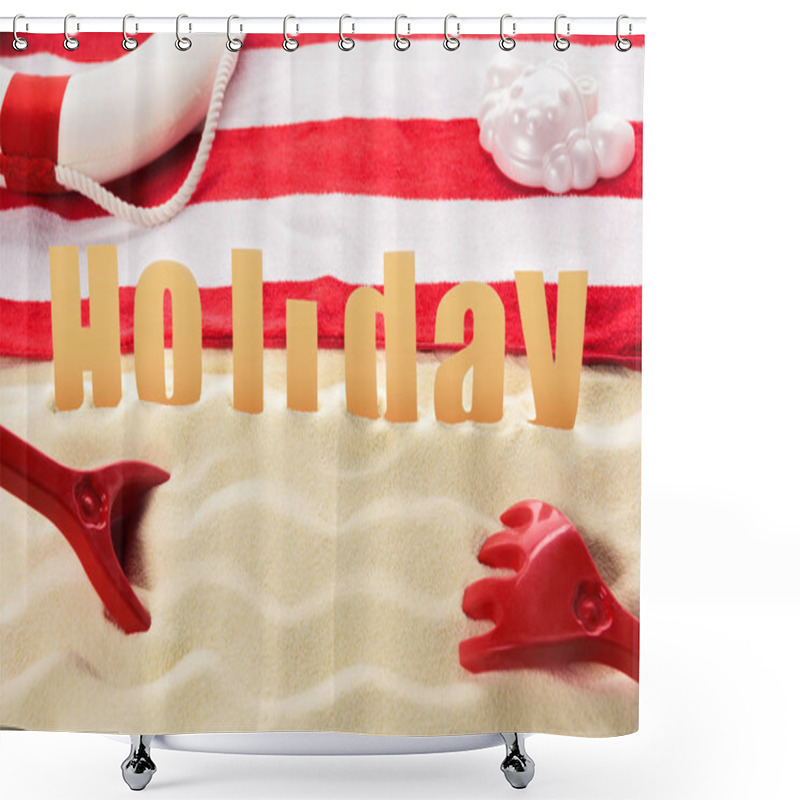 Personality  Beach Toys And Towel With Holiday Inscription On Sandy Beach Shower Curtains