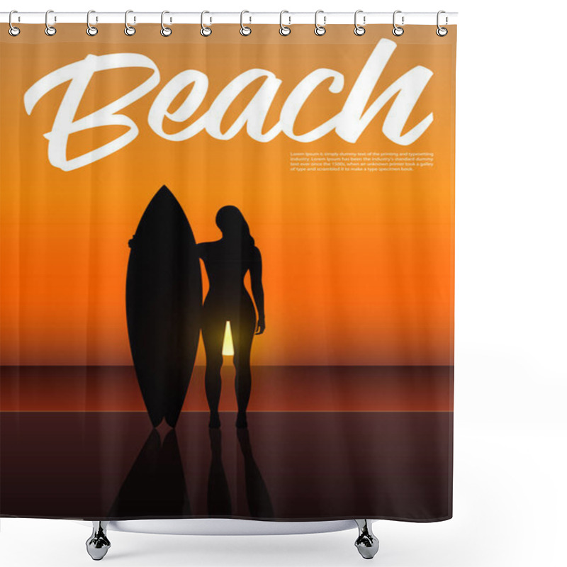 Personality  Rear View Silhouette Of Beautiful Sexy Surfer Girl In Bikini Holding Her Surfboard On The Beach At Sunset. Sunset Beach Landscape. Beach Holiday Poster. Shower Curtains