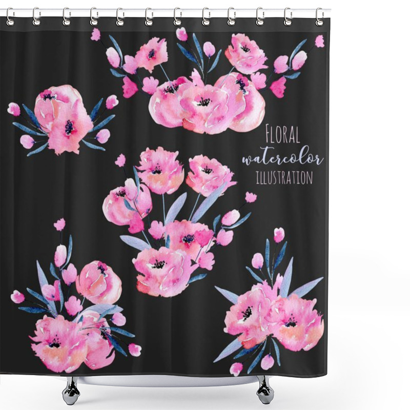 Personality  Watercolor Pink Poppies And Floral Branches Bouquets Collection, Hand Drawn Isolated On A Dark Background Shower Curtains