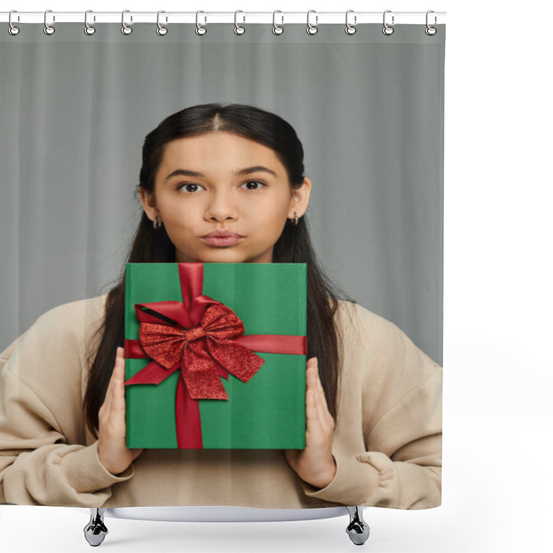 Personality  An Emotional Young Woman Holds A Beautifully Wrapped Gift, Showcasing Her Anticipation And Joy. Shower Curtains