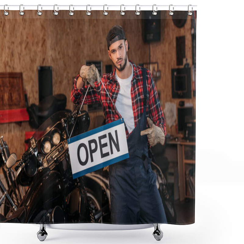 Personality  Handsome Bike Repair Station Worker Pointing At Open Signboard At Garage Shower Curtains