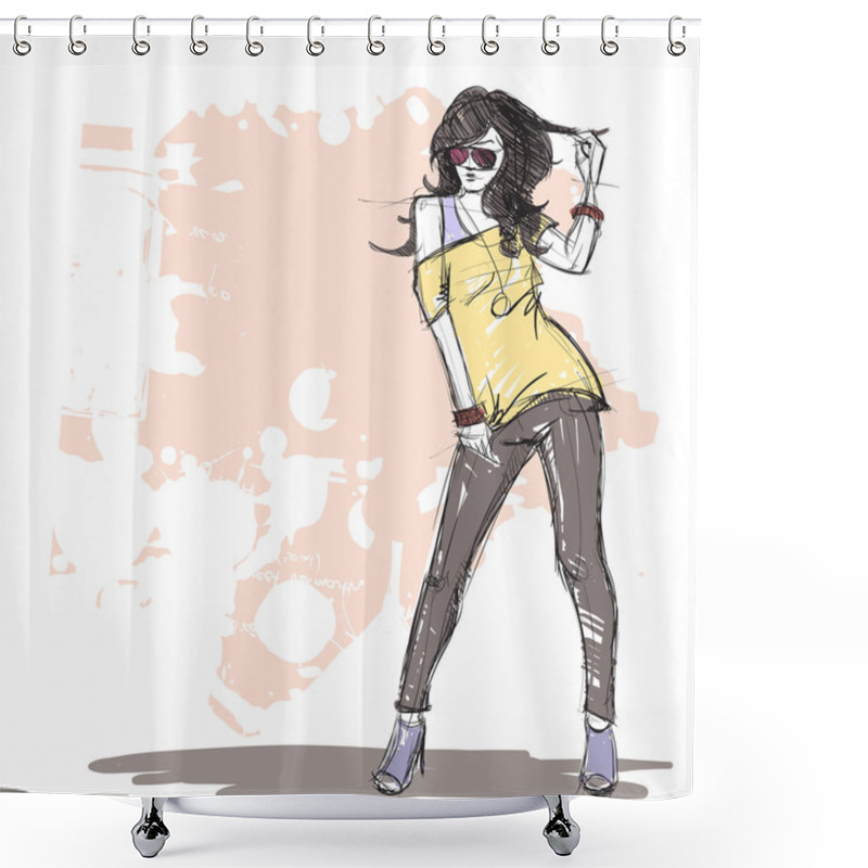 Personality  Hand Drawing Of A Pretty Fashion Girl In Sketch Style Shower Curtains