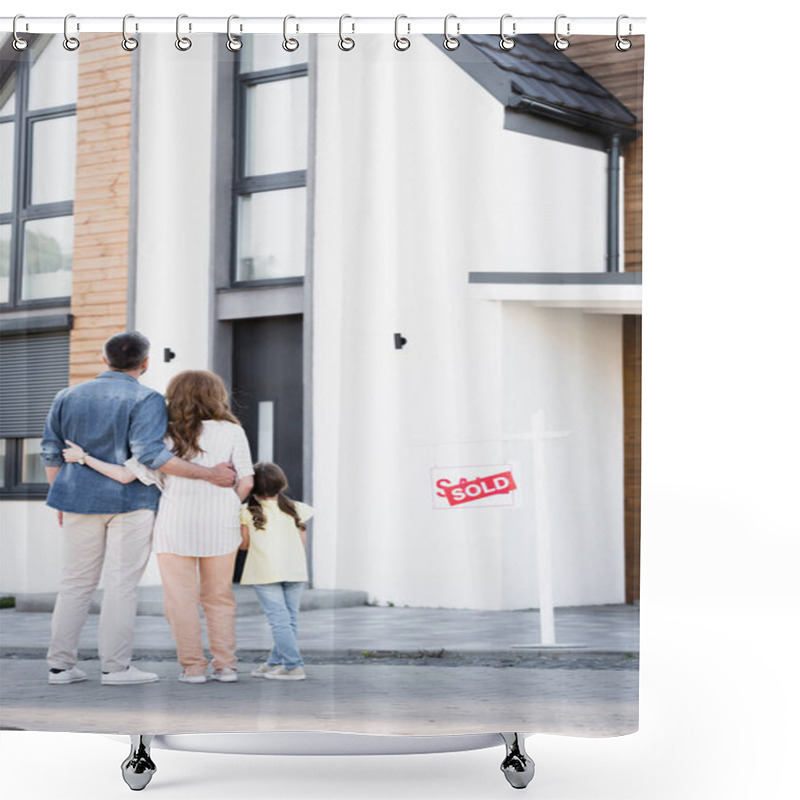 Personality  Full Length Of Daughter Standing Near Father And Mother Hugging Near House And Sign With Sold Lettering Shower Curtains