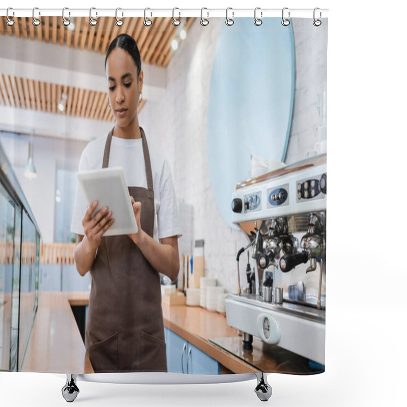 Personality  Young African American Saleswoman Using Digital Tablet Near Coffee Machine In Sweet Shop  Shower Curtains