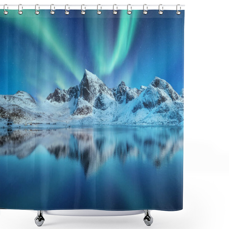 Personality  Aurora Borealis, Lofoten Islands, Norway. Northen Lights, Mountains And Reflection On The Water. Winter Landscape During Polar Lights. Norway Travel - Image Shower Curtains