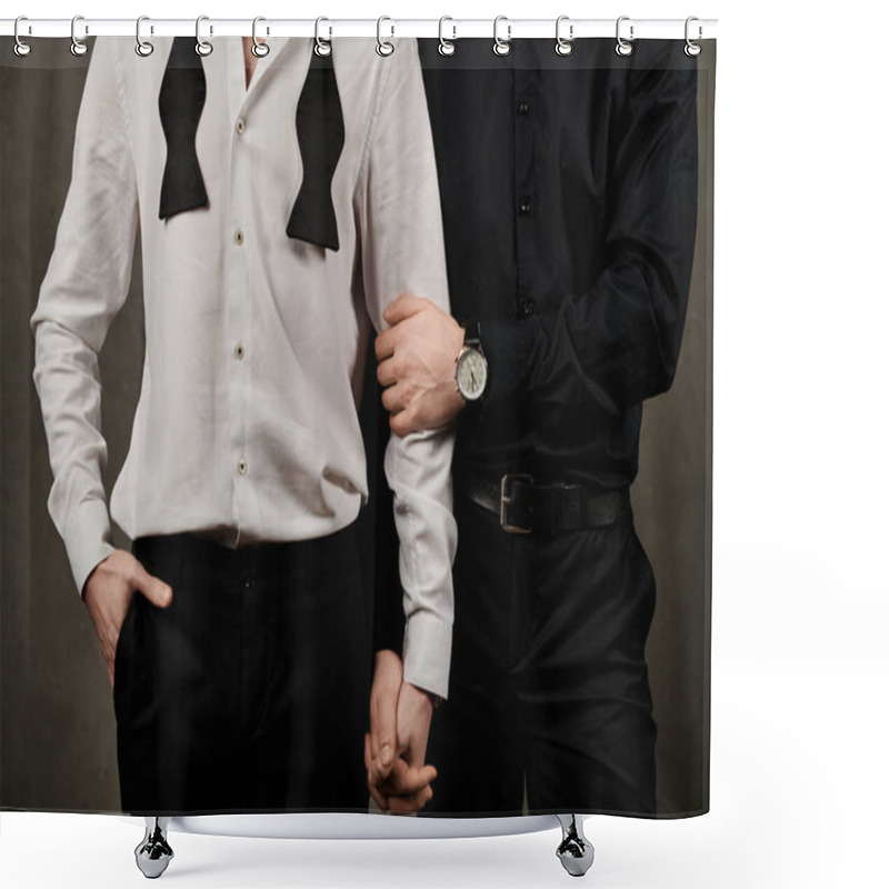 Personality  Two Men In Stylish Suits Stand Close Together, Holding Hands. Shower Curtains