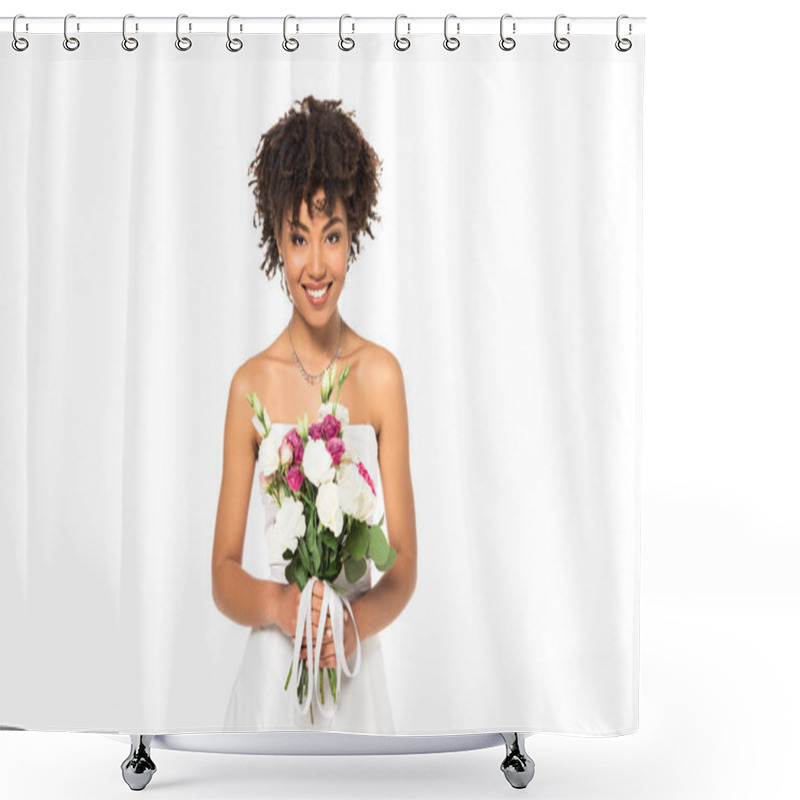 Personality  Happy African American Bride Holding Bouquet And Looking At Camera Isolated On White  Shower Curtains