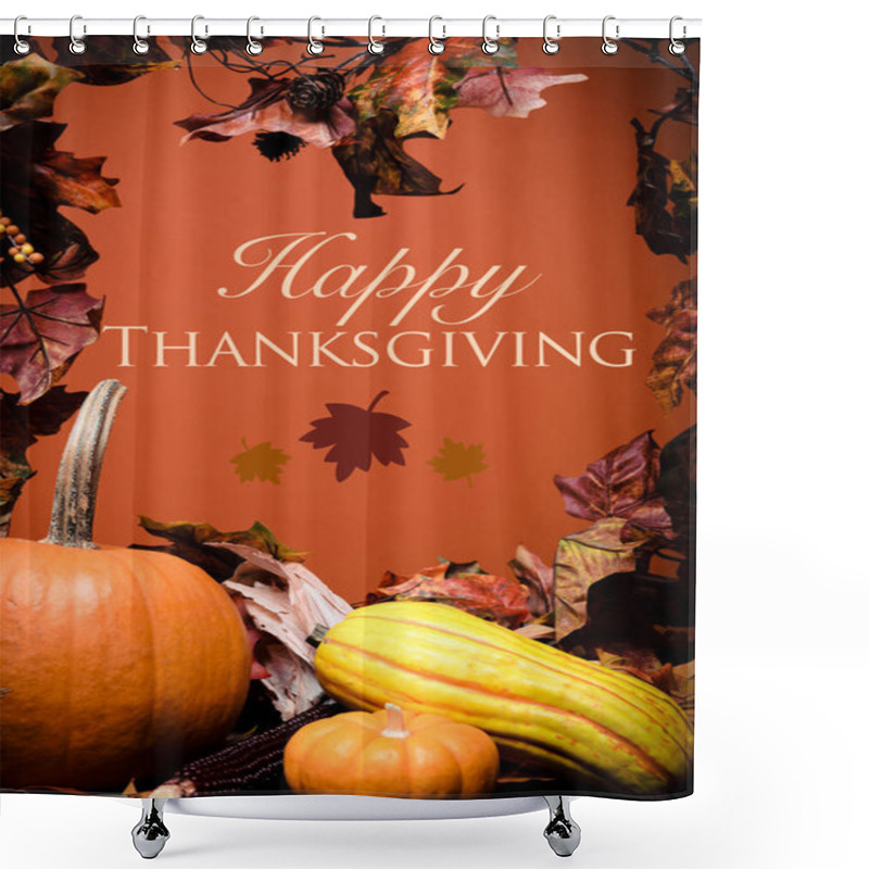 Personality  Autumn Vegetables, Pumpkins And Leaves On A Wooden Background With Orange Background Shower Curtains