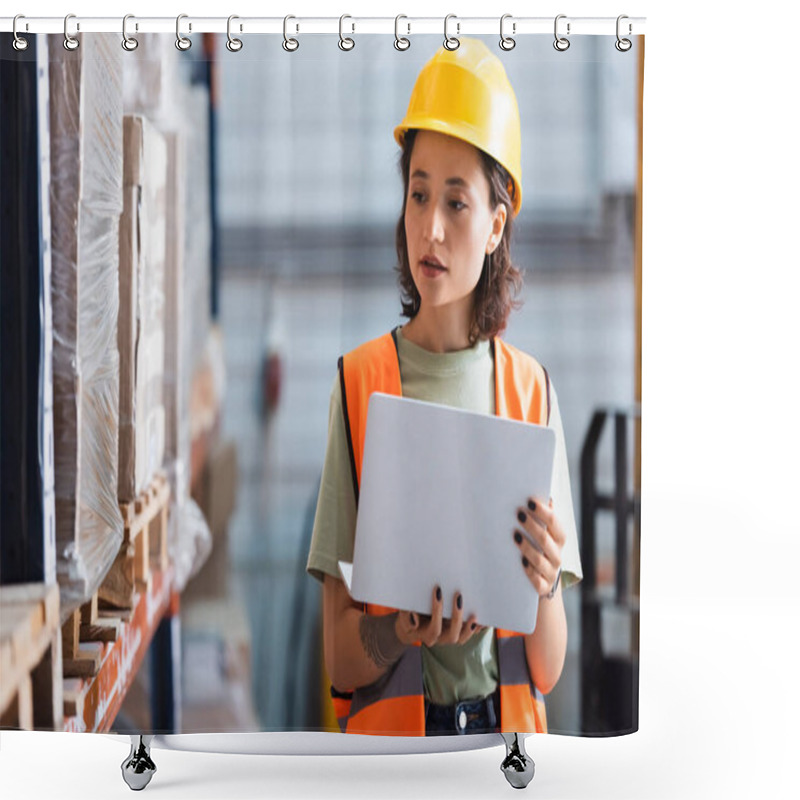 Personality  Female Worker In Hard Hat And Safety Vest Using Laptop While Checking Inventory In Warehouse Shower Curtains