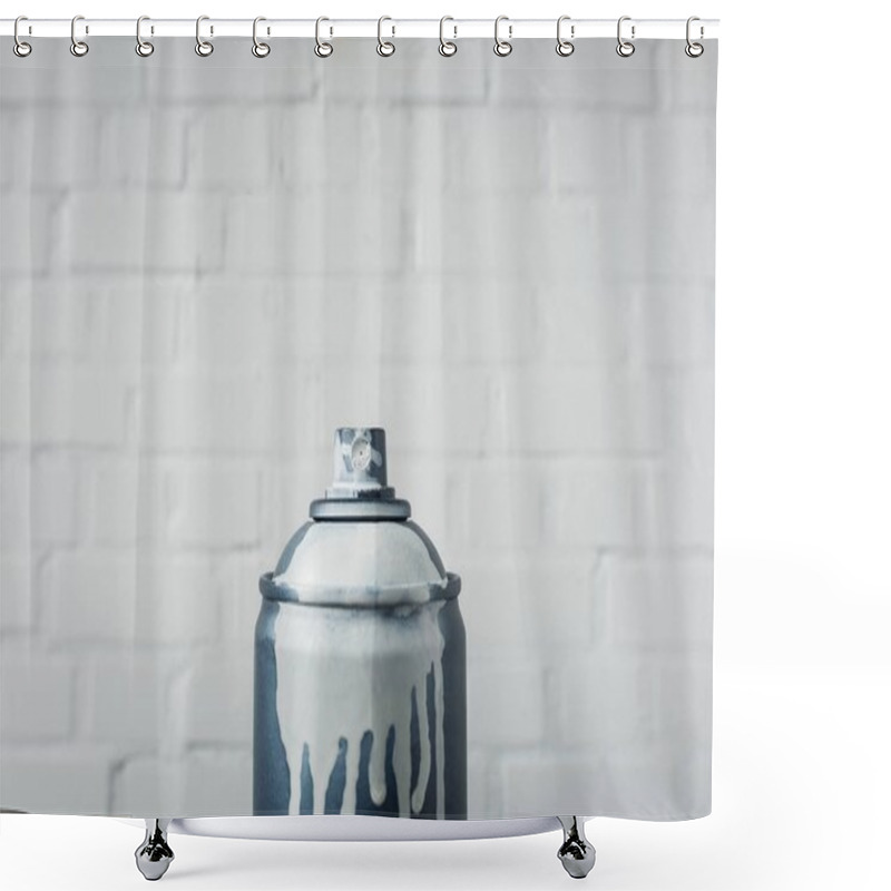 Personality  Close Up View Of Aerosol Paint In Can With White Brick Wall Background Shower Curtains